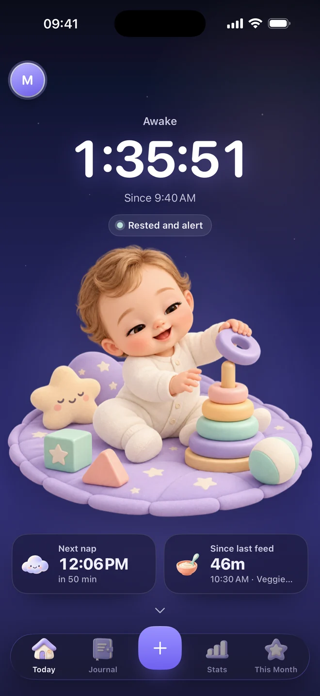 Napsi Today screen: Mia awake since 9:40 and the next nap at 12:06